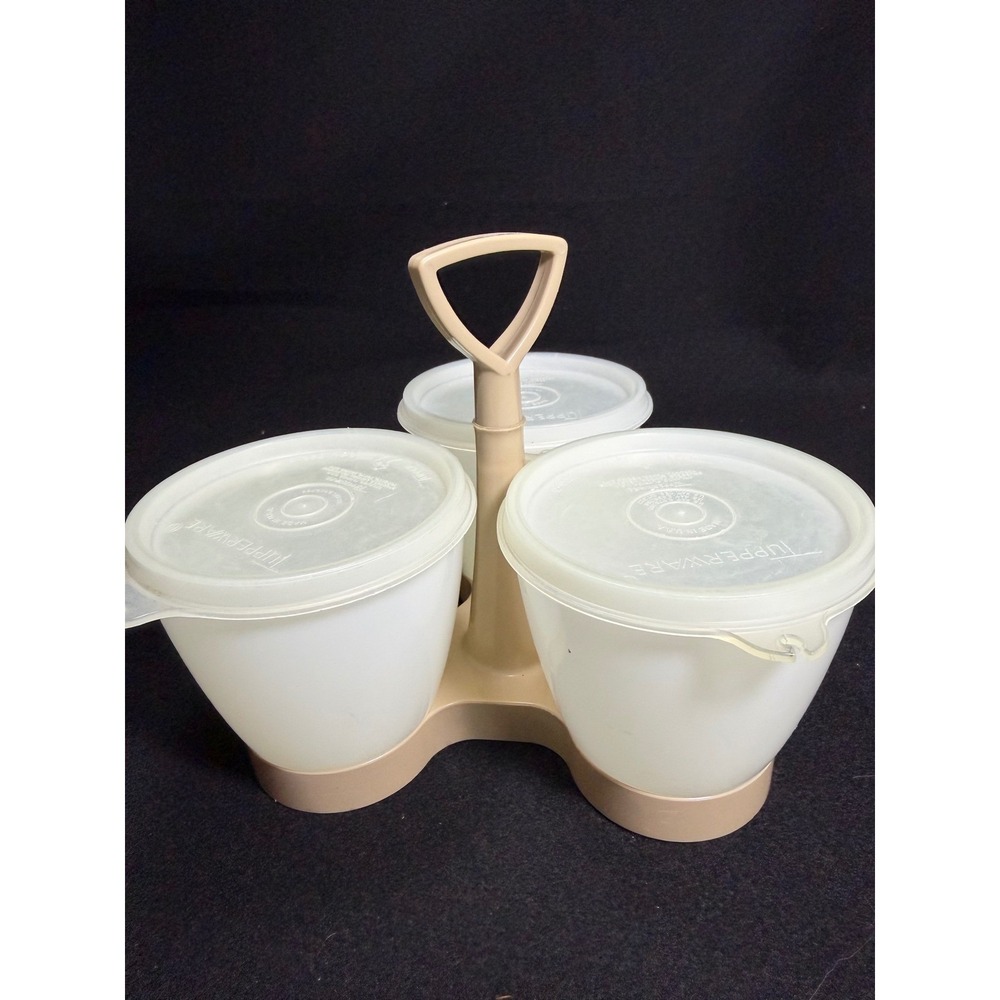Vintage Tupperware Condiment Caddy Set 3 Bowls Lids Handle Almond Sheer 732 733
